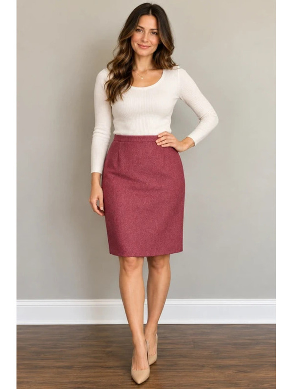 Merim Kasper Pink Herringbone Pencil Skirt Size 10P Petite Career Workwear